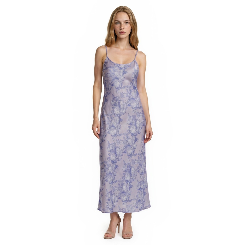New Madeleine Fig Slip Dress Women's Size XL Lavender Blue Floral Satin Maxi